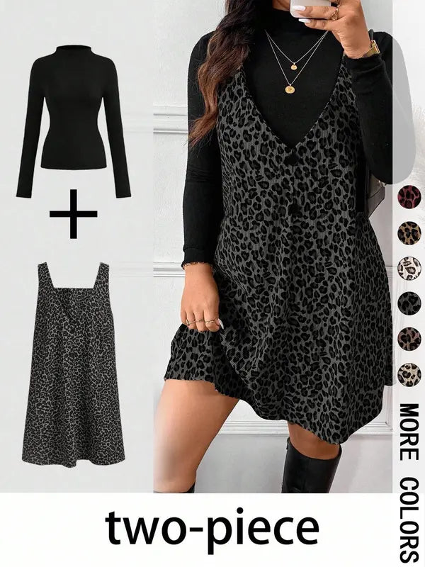 CRESSIDA™ – Two-Piece Set with High Neck Top and Leopard Print Strap Skirt