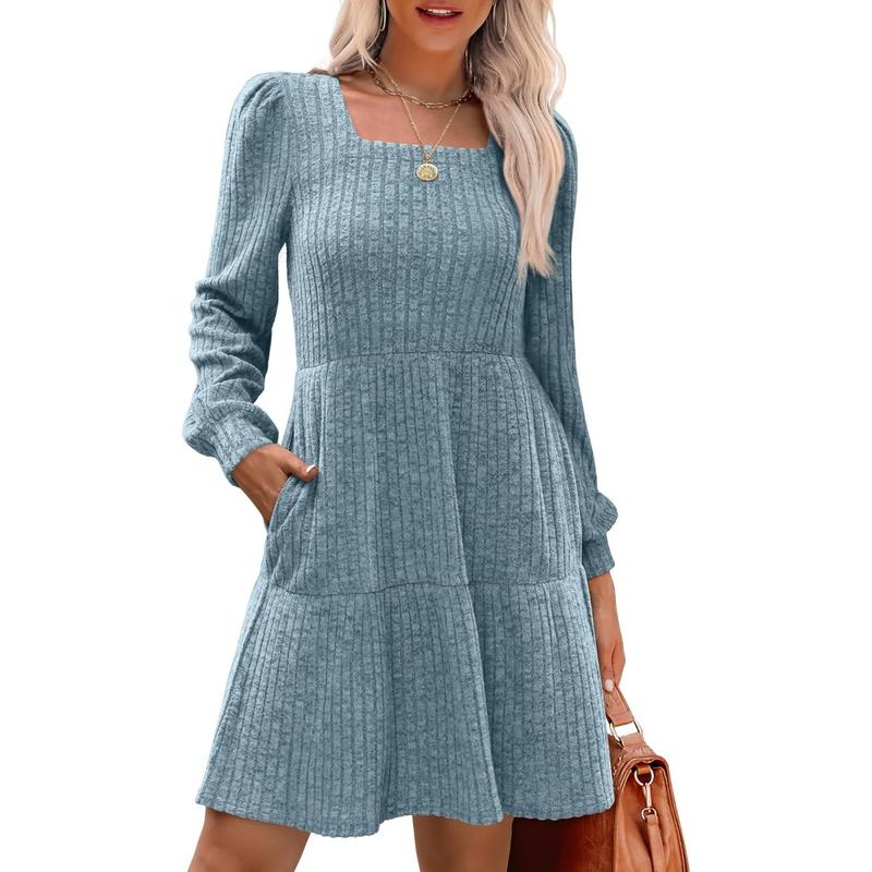 ELIZA™ - Comfy Square Neck Long Sleeve Babydoll Sweater Dress
