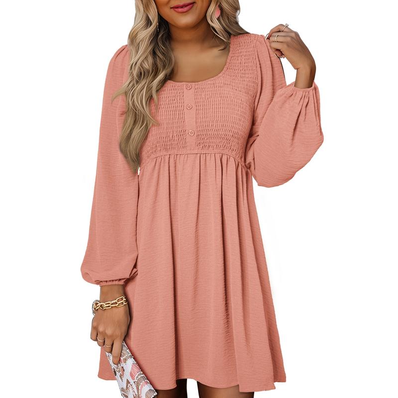 HARPER™ - Casual A-Line Dress with Smocked Empire Waist and Button-Up Detail