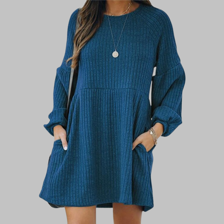 MONGO™ - Comfortable Ribbed Bishop Sleeve Round Neck Mini Dress