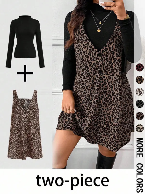 CRESSIDA™ – Two-Piece Set with High Neck Top and Leopard Print Strap Skirt