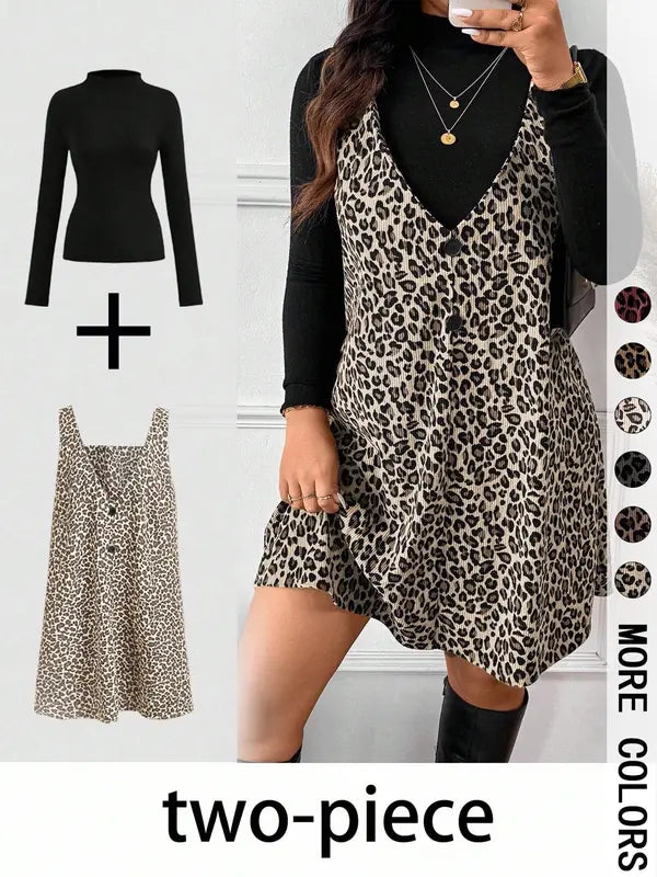 CRESSIDA™ – Two-Piece Set with High Neck Top and Leopard Print Strap Skirt