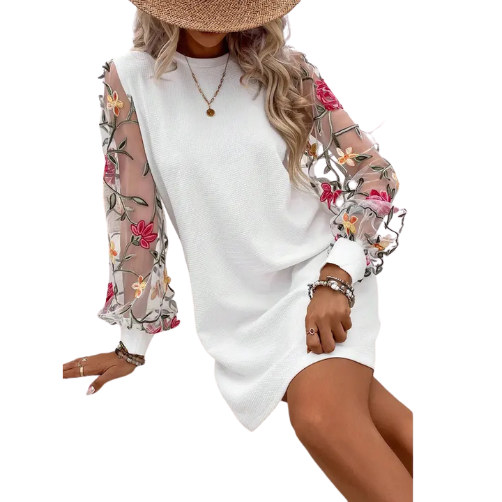 LUCY™ – Bishop Sleeve Dress with Floral Embroidery