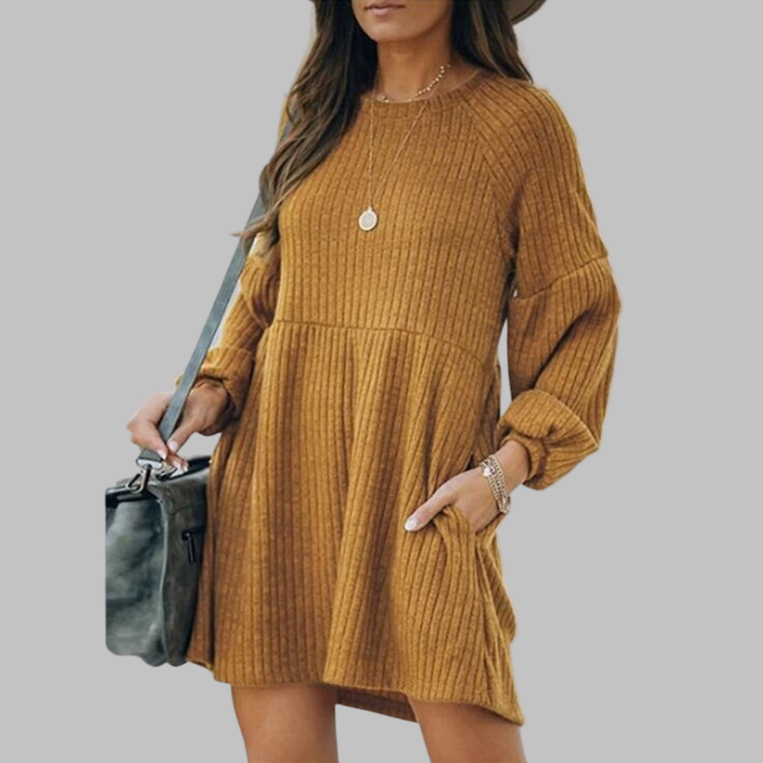 MONGO™ - Comfortable Ribbed Bishop Sleeve Round Neck Mini Dress