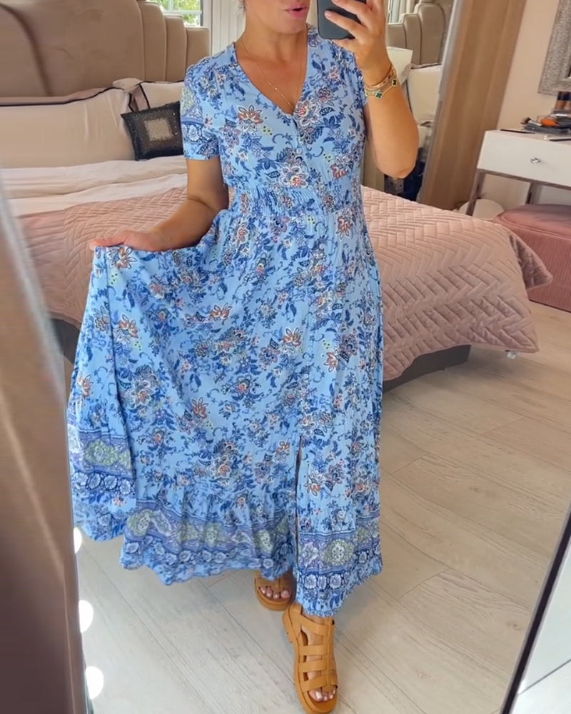 SARAH™ - Dress with Floral Pattern and V-Neck
