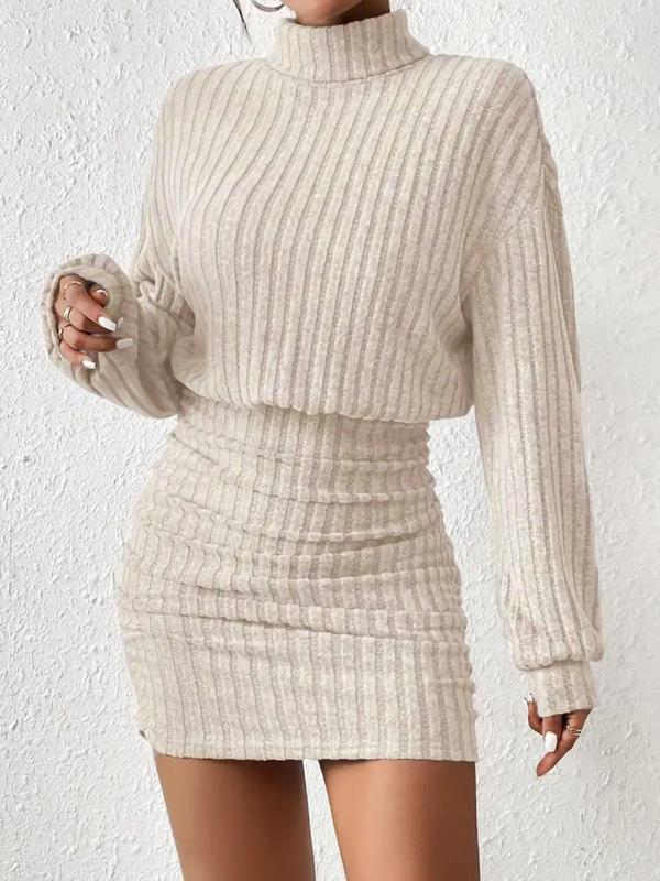 MEGAN™ - Chic Turtleneck Ribbed Dress with Drop Shoulder Design