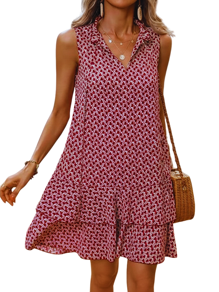 DORA™ - Women's Casual Fitted Woven Dress with Geometric Print and Multi-Layered Cake Skirt