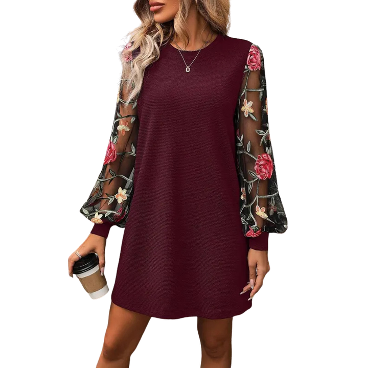 LUCY™ – Bishop Sleeve Dress with Floral Embroidery