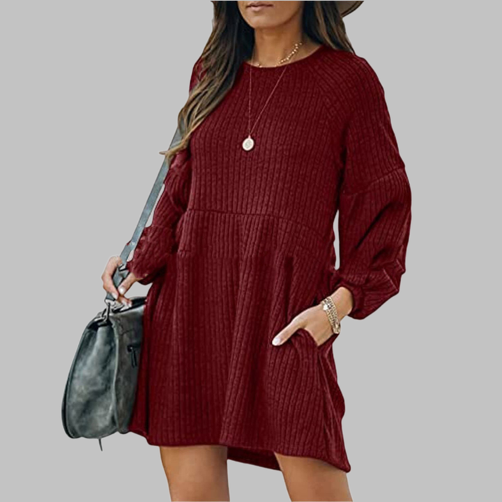 MONGO™ - Comfortable Ribbed Bishop Sleeve Round Neck Mini Dress