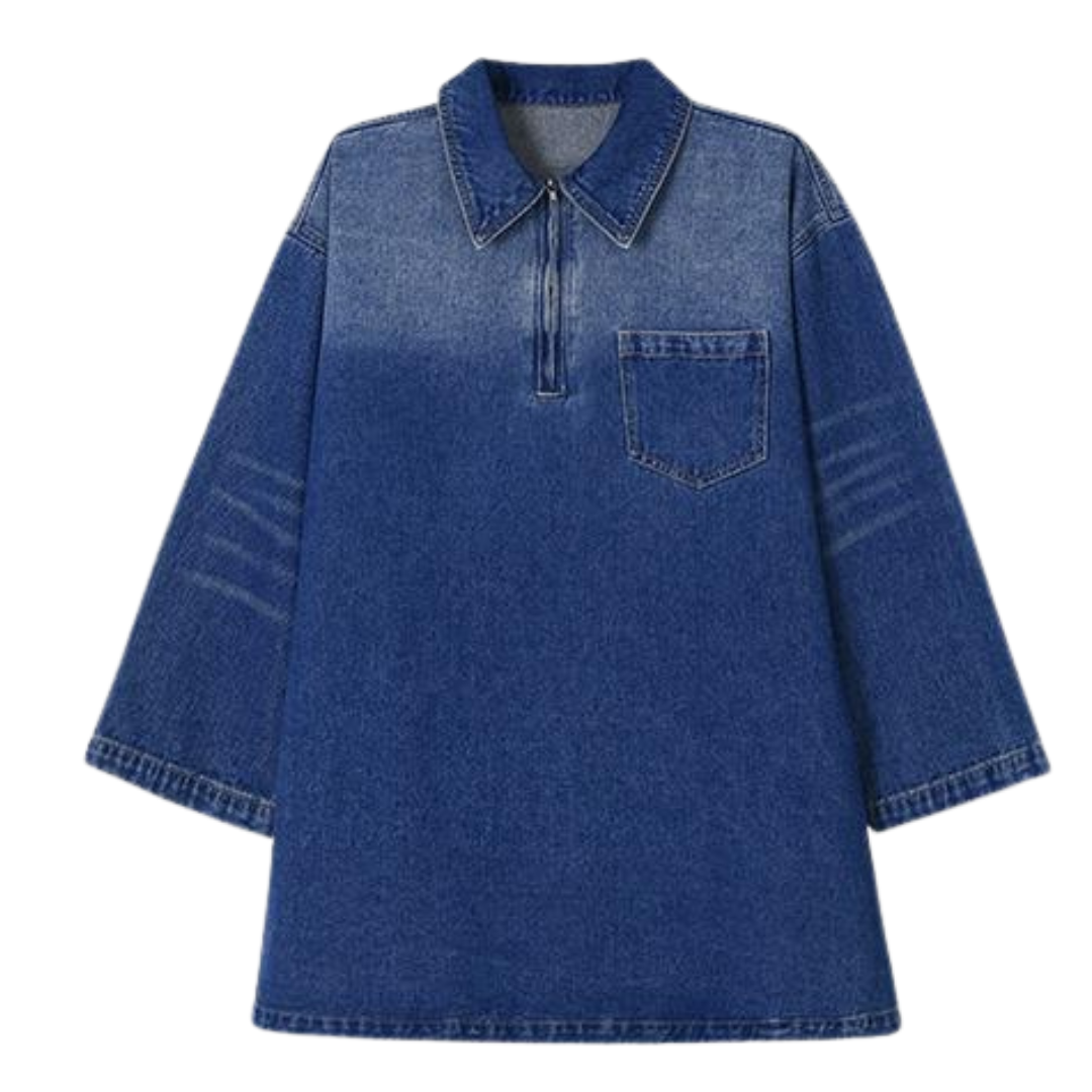 MARIA™ - Relaxed Denim Dress with Chest Pocket and Half-Zip Collared Neck