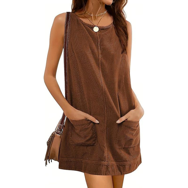 CATALEYA™ - A-Line Corduroy Overall Dress with Round Neck