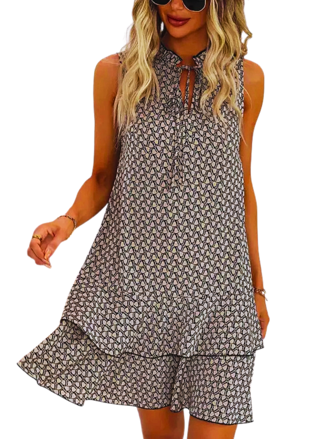 DORA™ - Women's Casual Fitted Woven Dress with Geometric Print and Multi-Layered Cake Skirt