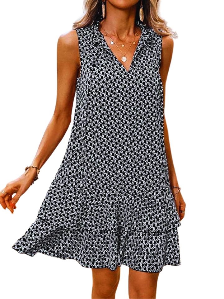 DORA™ - Women's Casual Fitted Woven Dress with Geometric Print and Multi-Layered Cake Skirt
