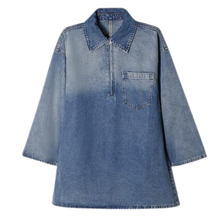 MARIA™ - Relaxed Denim Dress with Chest Pocket and Half-Zip Collared Neck