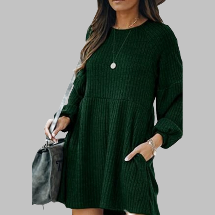 MONGO™ - Comfortable Ribbed Bishop Sleeve Round Neck Mini Dress