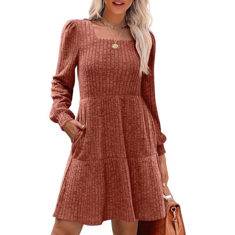 ELIZA™ - Comfy Square Neck Long Sleeve Babydoll Sweater Dress