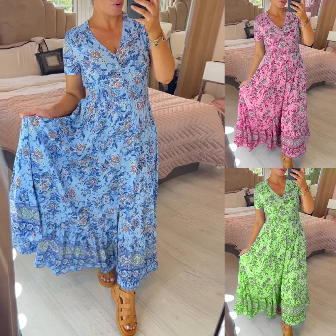 SARAH™ - Dress with Floral Pattern and V-Neck