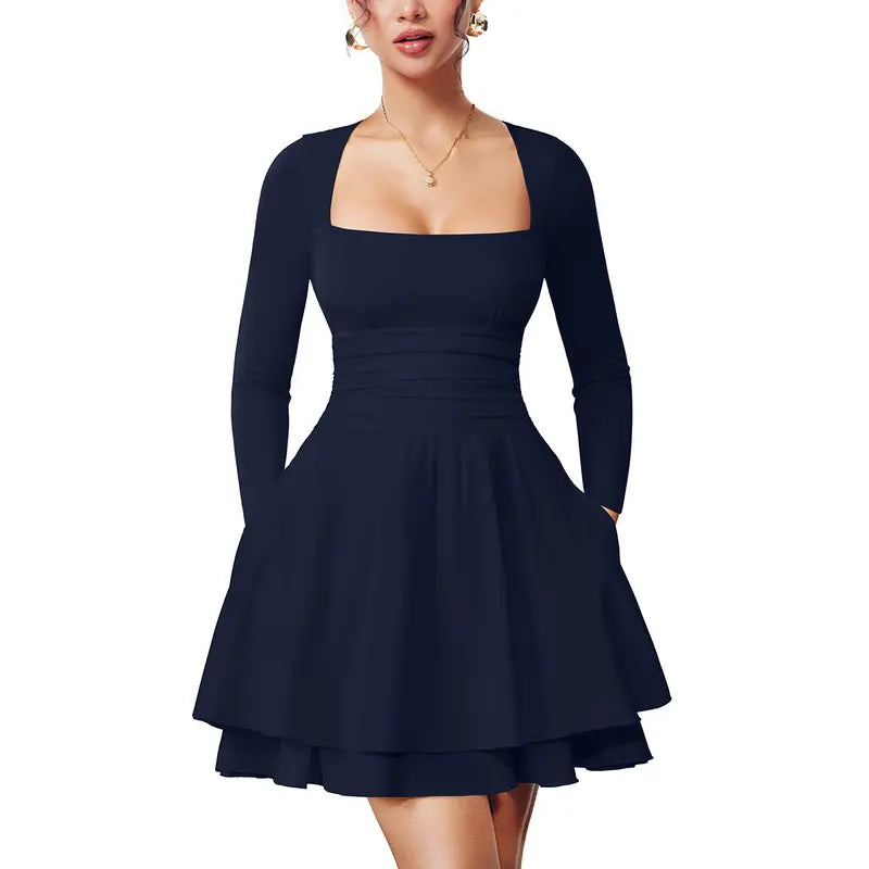 WINONA™ - Women's Long Sleeve Mini Dress with Square Neck and Ruffled Hem, Ruched Waist
