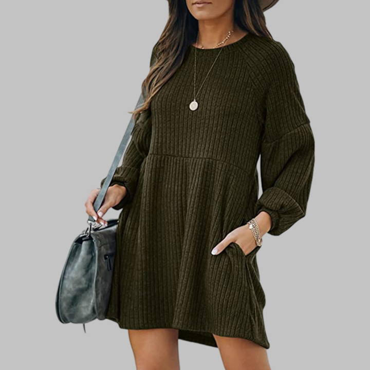 MONGO™ - Comfortable Ribbed Bishop Sleeve Round Neck Mini Dress