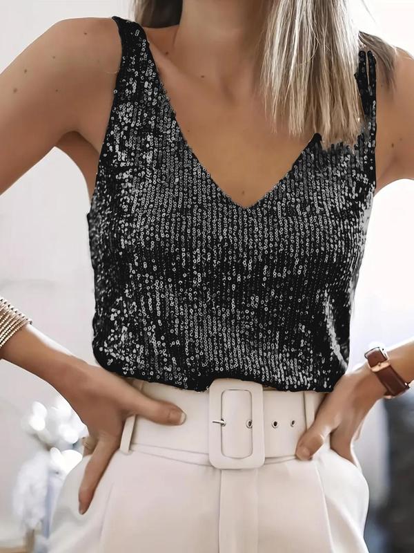 Glitter Sequin V Neck Tank Top for Summer Nights