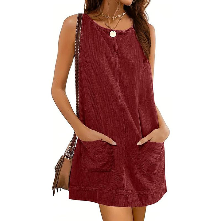 CATALEYA™ - A-Line Corduroy Overall Dress with Round Neck