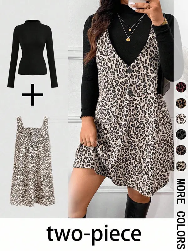 CRESSIDA™ – Two-Piece Set with High Neck Top and Leopard Print Strap Skirt