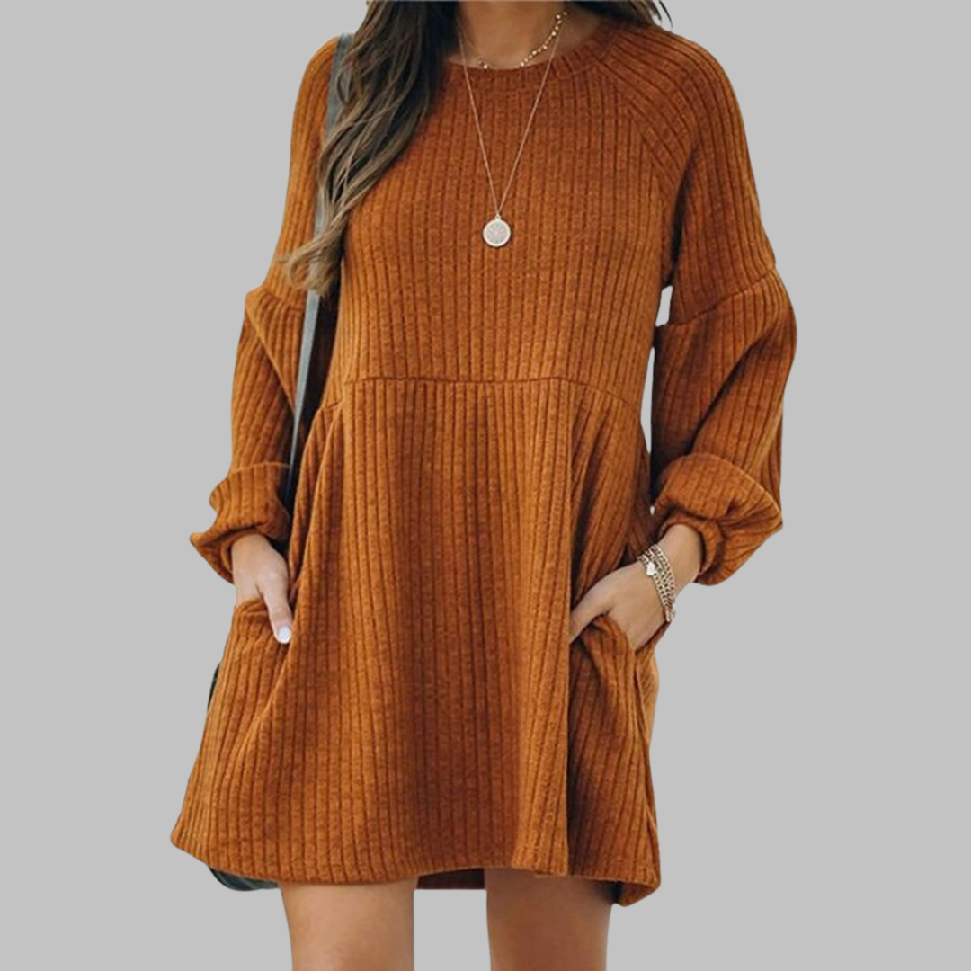 MONGO™ - Comfortable Ribbed Bishop Sleeve Round Neck Mini Dress