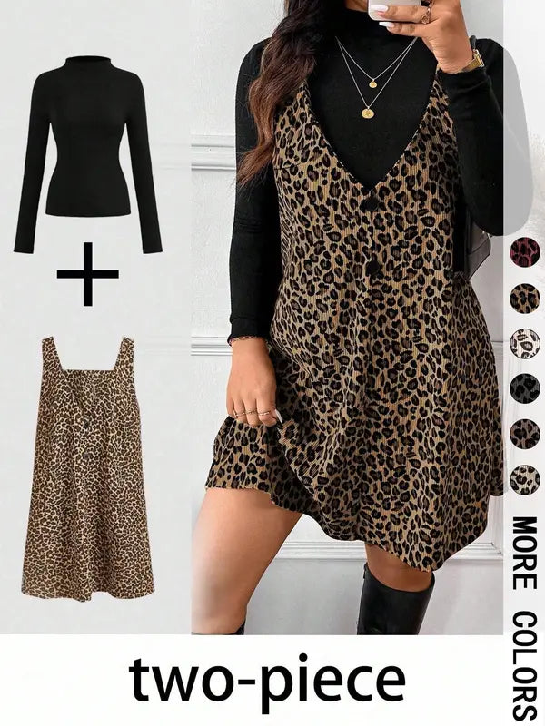CRESSIDA™ – Two-Piece Set with High Neck Top and Leopard Print Strap Skirt