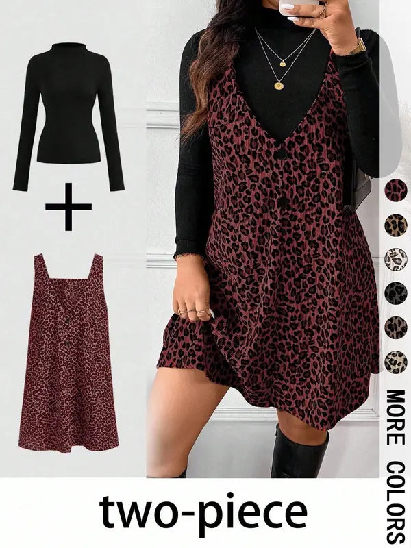 CRESSIDA™ – Two-Piece Set with High Neck Top and Leopard Print Strap Skirt