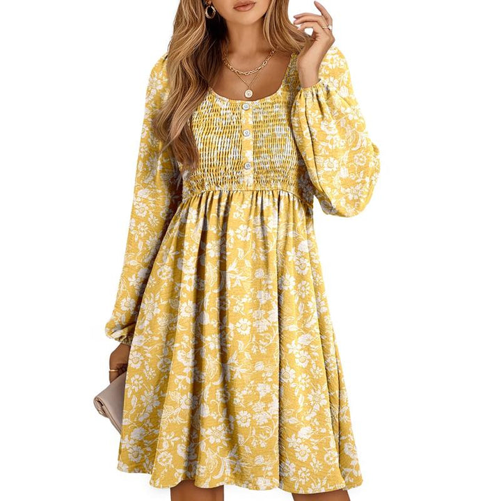 HARPER™ - Casual A-Line Dress with Smocked Empire Waist and Button-Up Detail
