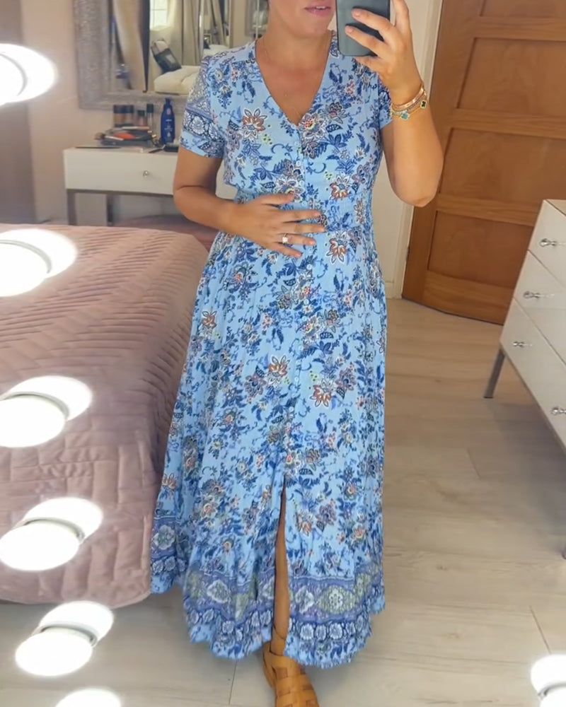SARAH™ - Dress with Floral Pattern and V-Neck