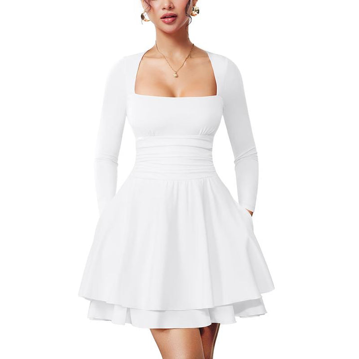 WINONA™ - Women's Long Sleeve Mini Dress with Square Neck and Ruffled Hem, Ruched Waist