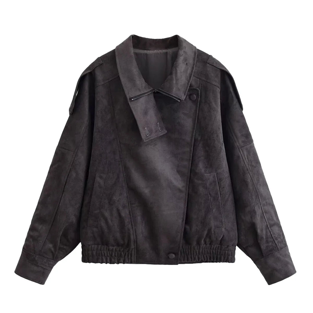 Women’s Oversized Faux Suede Jacket with Asymmetrical Collar and Modern Utility Silhouette