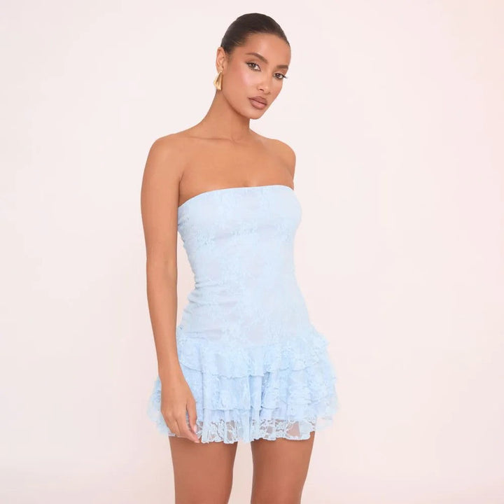 EVANGELINE™ – Stylish Strapless Mini Dress with Frill Hem