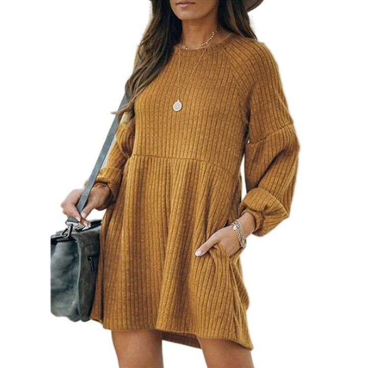 SAKA™ - Comfy Ribbed Bishop Sleeve Round Neck Mini Dress