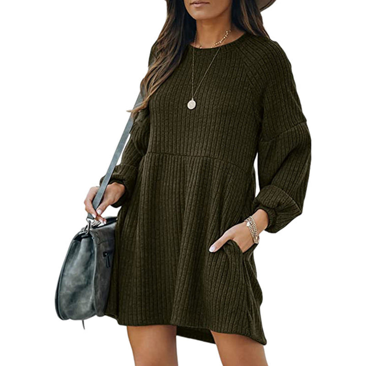 SAKA™ - Comfy Ribbed Bishop Sleeve Round Neck Mini Dress