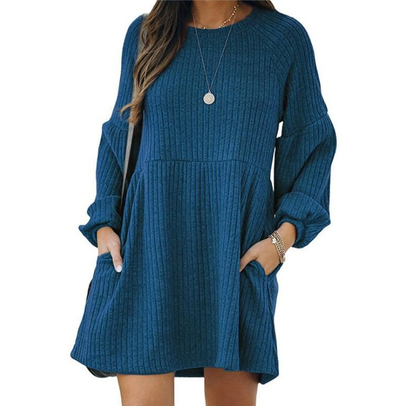 SAKA™ - Comfy Ribbed Bishop Sleeve Round Neck Mini Dress