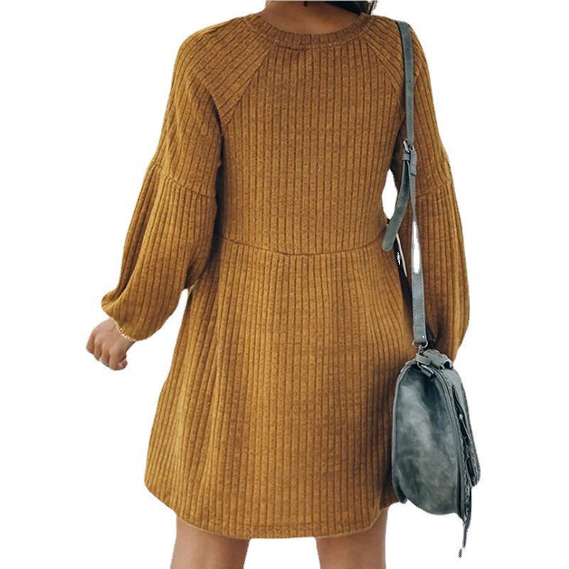 SAKA™ - Comfy Ribbed Bishop Sleeve Round Neck Mini Dress