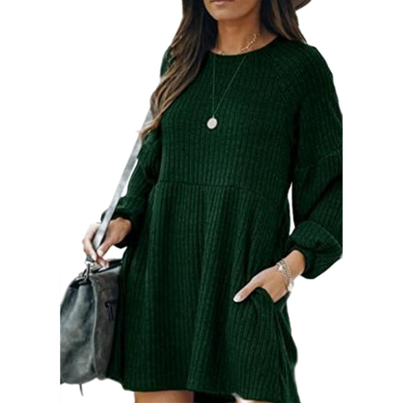 SAKA™ - Comfy Ribbed Bishop Sleeve Round Neck Mini Dress