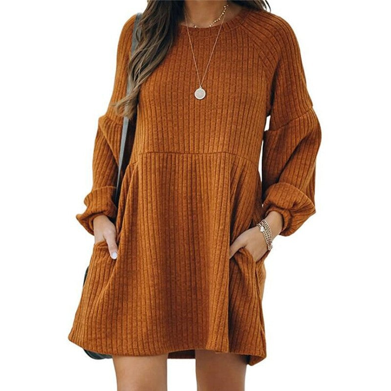 SAKA™ - Comfy Ribbed Bishop Sleeve Round Neck Mini Dress
