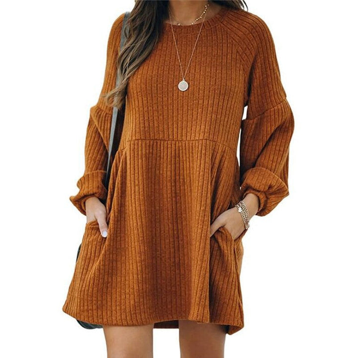 SAKA™ - Comfy Ribbed Bishop Sleeve Round Neck Mini Dress