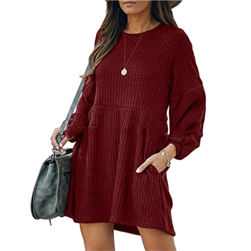 SAKA™ - Comfy Ribbed Bishop Sleeve Round Neck Mini Dress