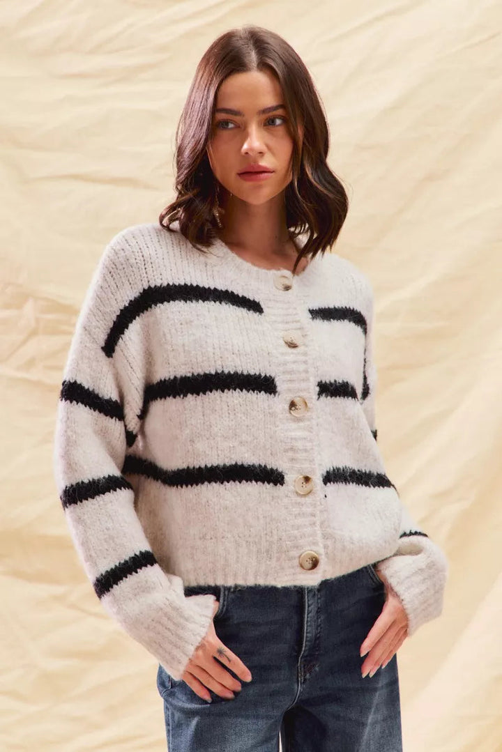 Striped Button-Down Winter Cardigan - Classic Knit Sweater