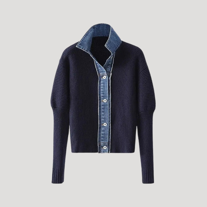 Navy Women's knit cardigan with denim trim