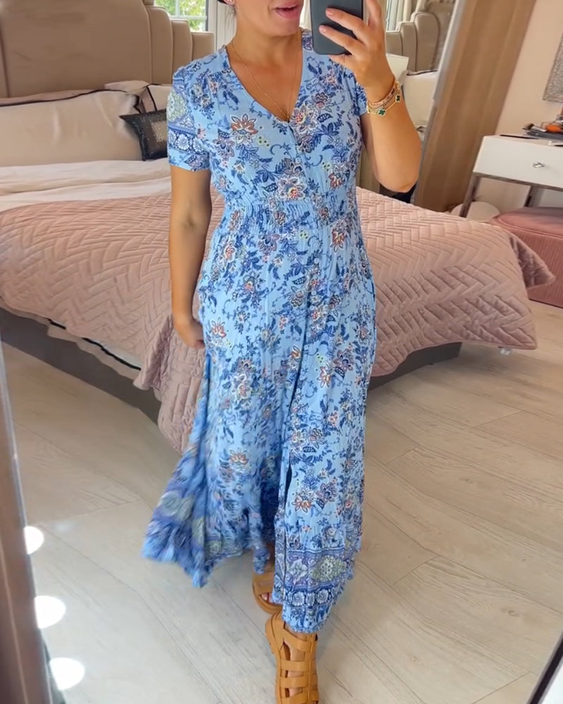 SARAH™ - Dress with Floral Pattern and V-Neck