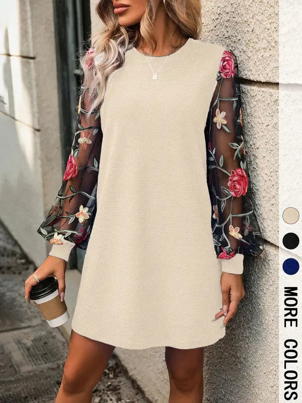LENI™ - Elegant Floral Embroidered Bishop Sleeve Dress with Long Sleeves and Round Neck