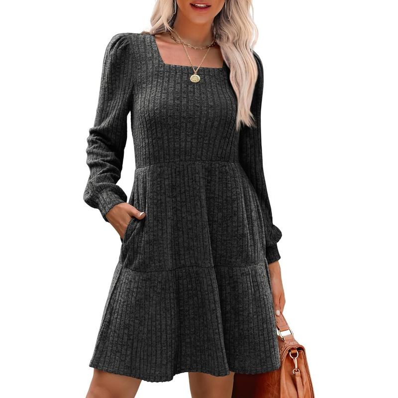ELIZA™ - Comfy Square Neck Long Sleeve Babydoll Sweater Dress