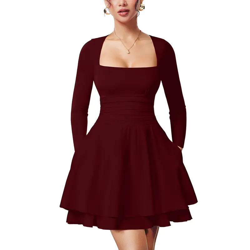 WINONA™ - Women's Long Sleeve Mini Dress with Square Neck and Ruffled Hem, Ruched Waist