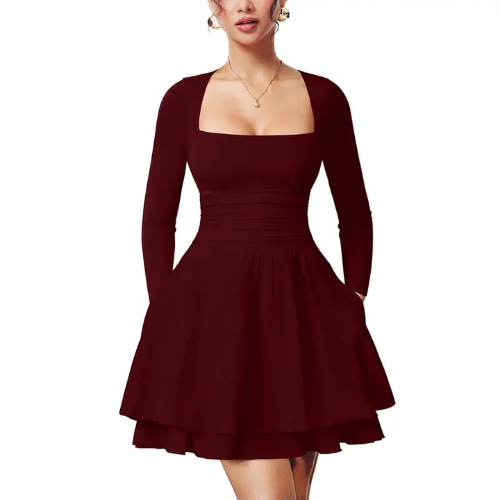 WINONA™ - Women's Long Sleeve Mini Dress with Square Neck and Ruffled Hem, Ruched Waist
