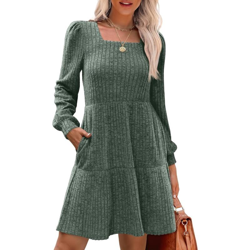 ELIZA™ - Comfy Square Neck Long Sleeve Babydoll Sweater Dress